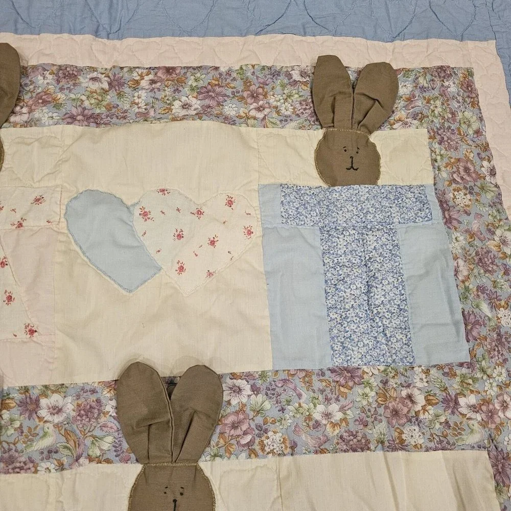 Vintage Baby Quilt Blanket Floppy Bunny Ears Hearts Blue Cream Pink Floral 44x50